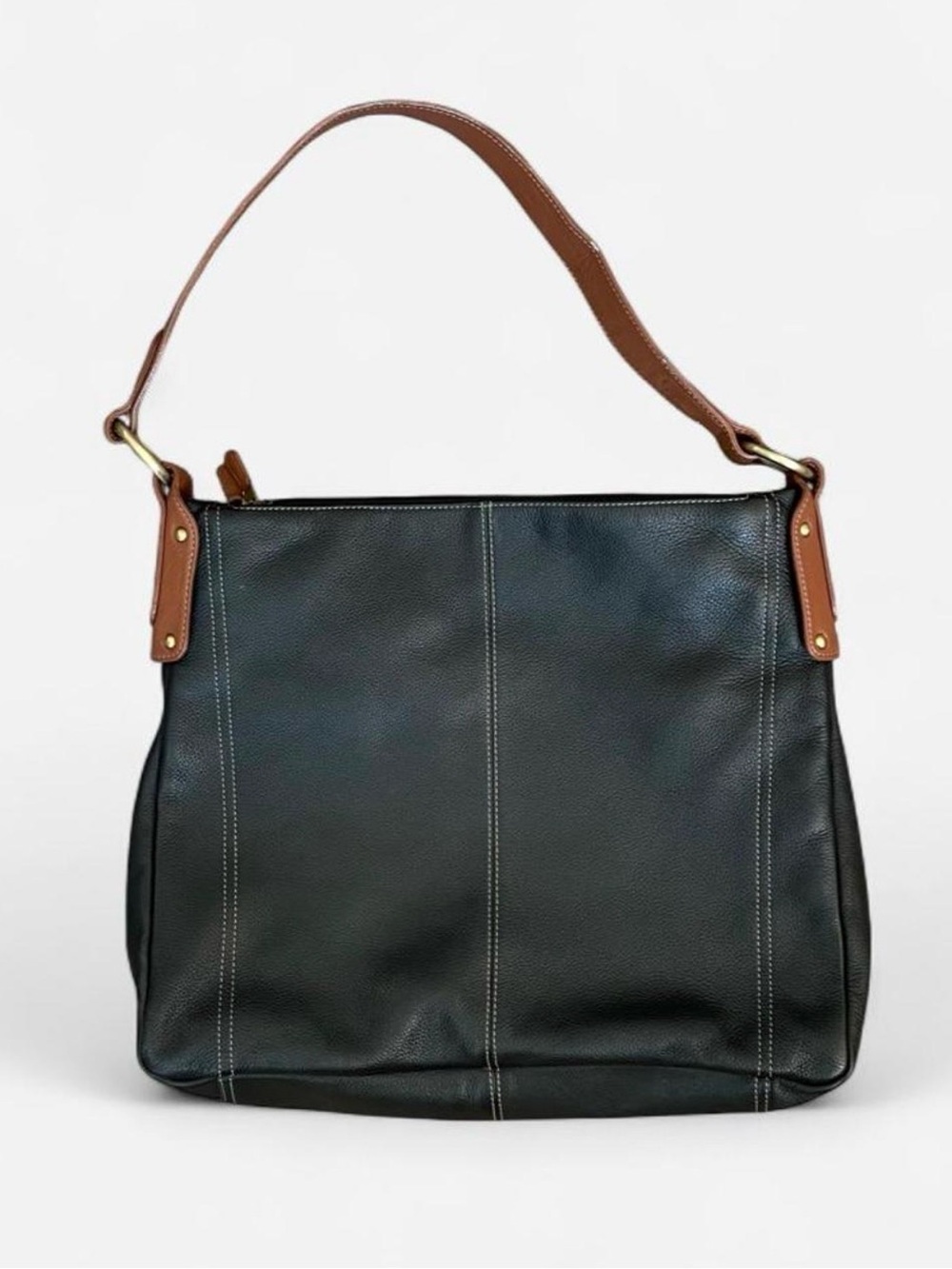 Classic Black Leather Shoulder Bag with Tan Strap